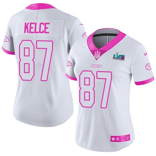 Chiefs #87 Travis Kelce White/Pink Super Bowl LVII Patch Women's Stitched Limited Rush Fashion Jersey