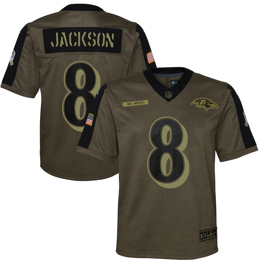 Baltimore Ravens #8 Lamar Jackson Olive Youth 2021 Salute To Service Game Jersey
