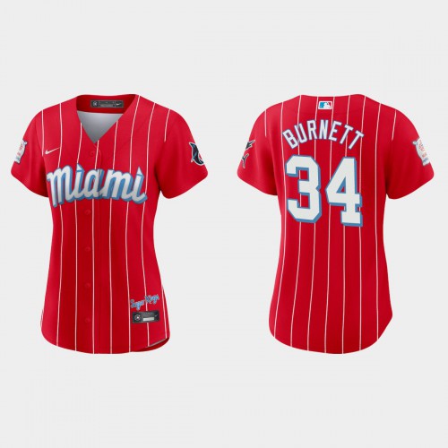 Miami Miami Marlins #34 A.J. Burnett Women's 2021 City Connect Authentic Jersey Red Womens