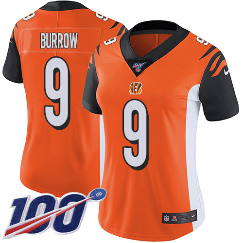 Bengals #9 Joe Burrow Orange Alternate Women's Stitched 100th Season Vapor Untouchable Limited Jersey