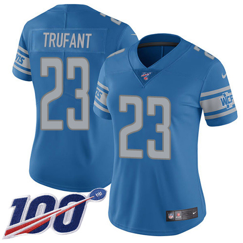 Detroit Lions #23 Desmond Trufant Blue Team Color Women's Stitched 100th Season Vapor Untouchable Limited Jersey Womens