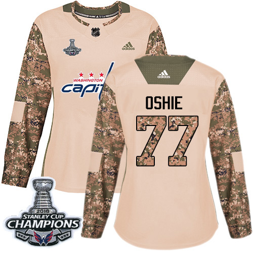 Adidas Washington Capitals #77 T.J. Oshie Camo Authentic 2017 Veterans Day Stanley Cup Final Champions Women's Stitched Jersey Womens