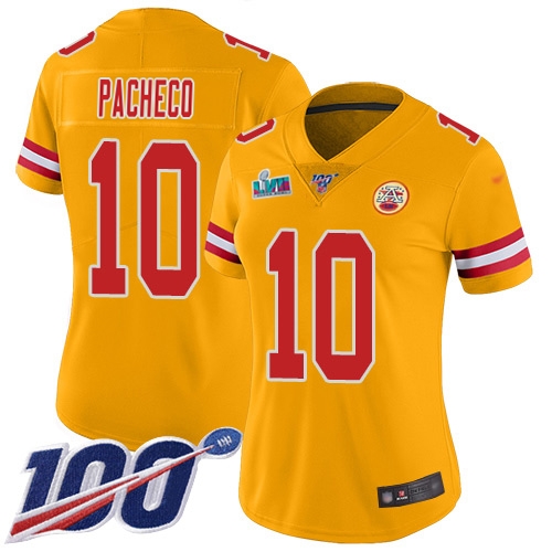 Chiefs #10 Isiah Pacheco Gold Super Bowl LVII Patch Women's Stitched Limited Inverted Legend 100th Season Jersey