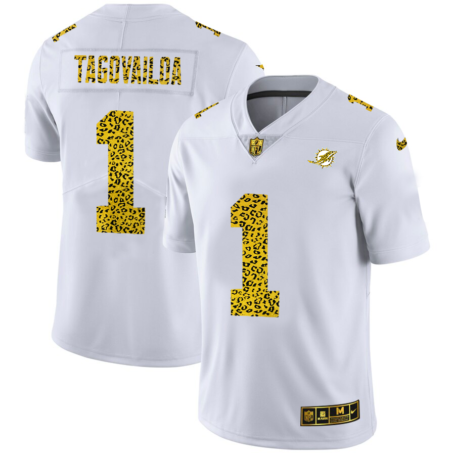 Miami Dolphins #1 Tua Tagovailoa Men's Flocked Leopard Print Vapor Limited Jersey White