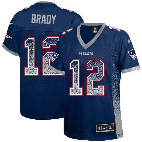 Patriots #12 Tom Brady Navy Blue Team Color Women's Stitched Elite Drift Fashion Jersey