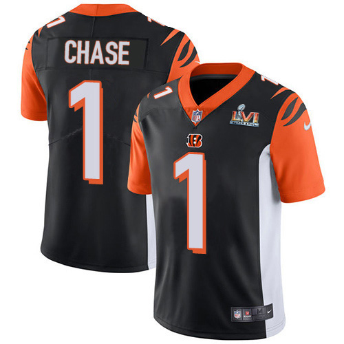 Bengals #1 Ja'Marr Chase Black Team Color Super Bowl LVI Patch Men's Stitched Vapor Untouchable Limited Jersey