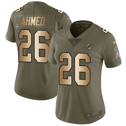 Miami Dolphins #26 Salvon Ahmed Olive/Gold Women's Stitched Limited 2017 Salute To Service Jersey Womens
