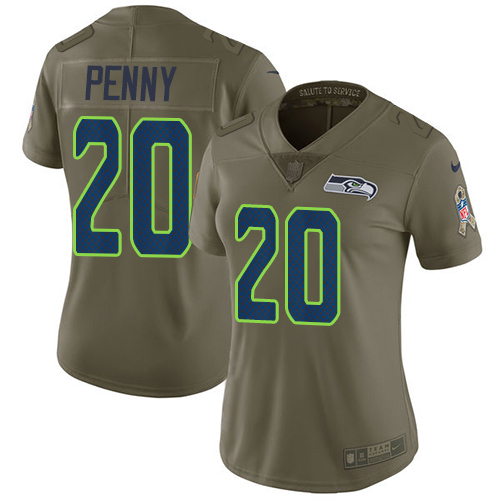 Seattle Seahawks #20 Rashaad Penny Olive Women's Stitched Limited 2017 Salute to Service Jersey Womens