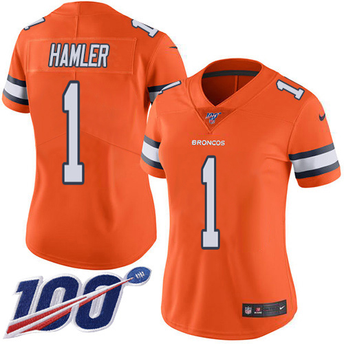 Broncos #1 KJ Hamler Orange Women's Stitched Limited Rush 100th Season Jersey