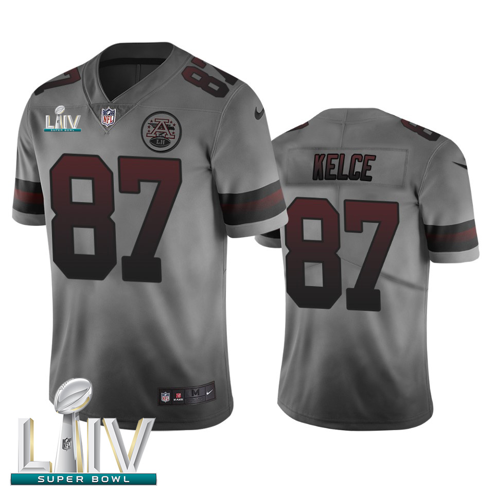 Kansas City Chiefs #87 Travis Kelce Smoky Gray Super Bowl LIV 2020 Men's Vapor Limited City Edition Jersey