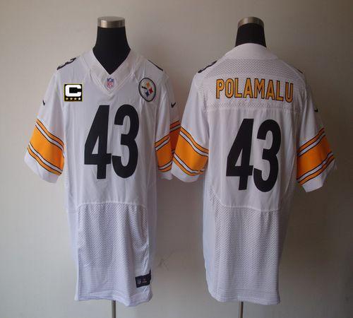 Steelers #43 Troy Polamalu White With C Patch Men's Stitched Elite Jersey