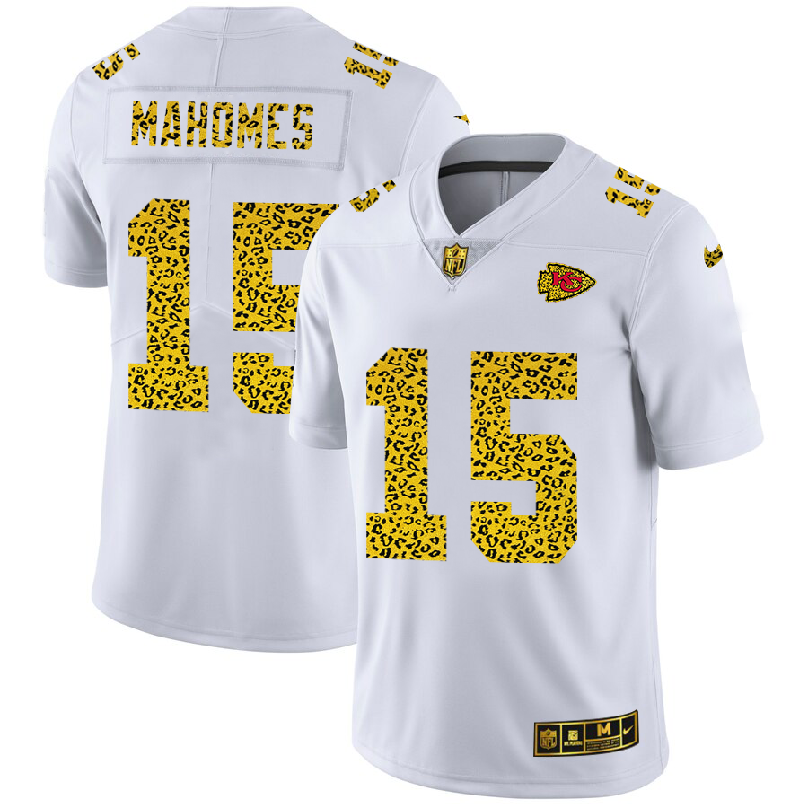 Kansas City Chiefs #15 Patrick Mahomes Men's Flocked Leopard Print Vapor Limited Jersey White