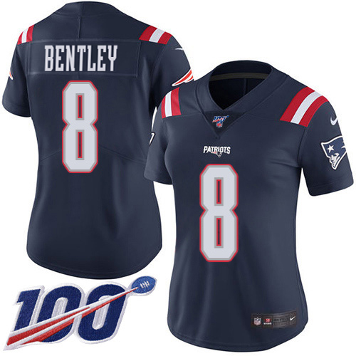 Patriots #8 Ja'Whaun Bentley Navy Blue Women's Stitched Limited Rush 100th Season Jersey