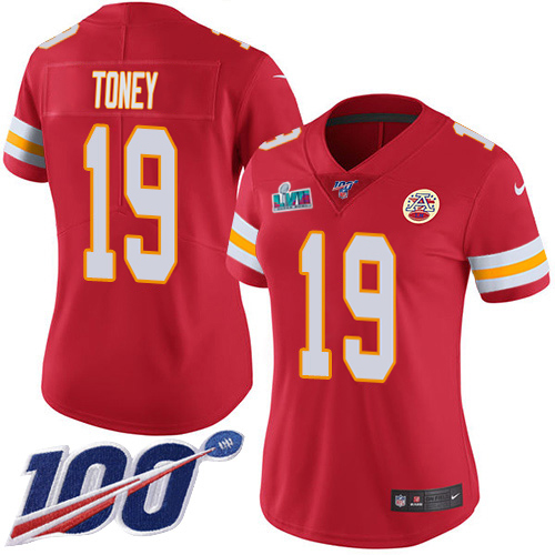 Chiefs #19 Kadarius Toney Red Team Color Super Bowl LVII Patch Women's Stitched 100th Season Vapor Limited Jersey