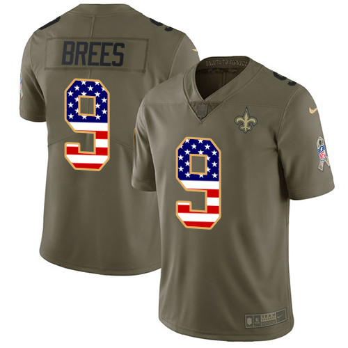 Saints #9 Drew Brees Olive/USA Flag Men's Stitched Limited 2017 Salute To Service Jersey