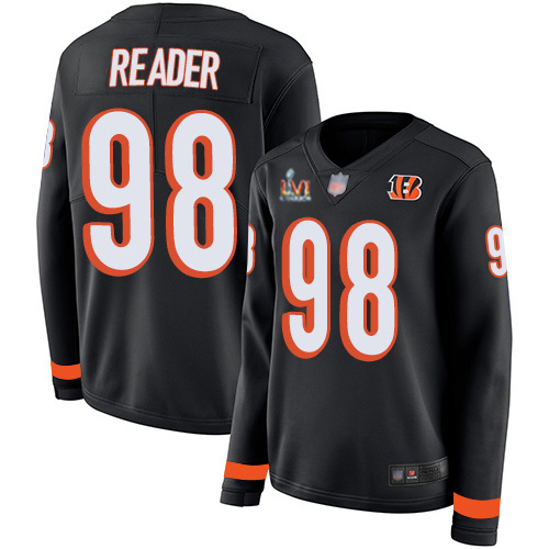Cincinnati Bengals #98 D.J. Reader Black Team Color Super Bowl LVI Patch Women's Stitched Limited Therma Long Sleeve Jersey Womens