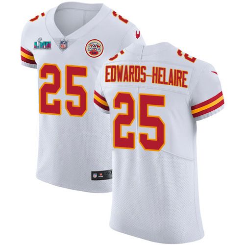 Chiefs #25 Clyde Edwards-Helaire White Super Bowl LVII Patch Men's Stitched Vapor Untouchable Elite Jersey