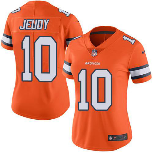 Broncos #10 Jerry Jeudy Orange Women's Stitched Limited Rush Jersey