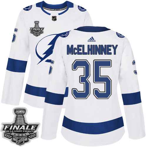 Adidas Tampa Bay Lightning #35 Curtis McElhinney White Road Authentic Women's 2021 Stanley Cup Final Patch Jersey Womens