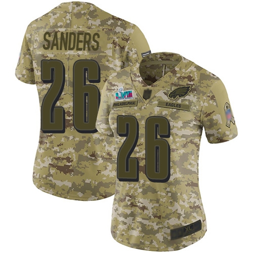 Eagles #26 Miles Sanders Camo Super Bowl LVII Patch Women's Stitched Limited 2018 Salute To Service Jersey