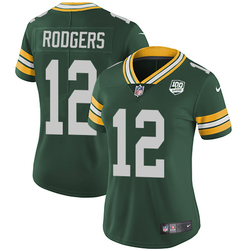 Packers #12 Aaron Rodgers Green Team Color Women's 100th Season Stitched Vapor Untouchable Limited Jersey