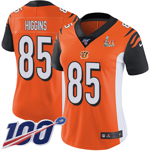 Bengals #85 Tee Higgins Orange Super Bowl LVI Patch Alternate Women's Stitched 100th Season Vapor Untouchable Limited Jersey