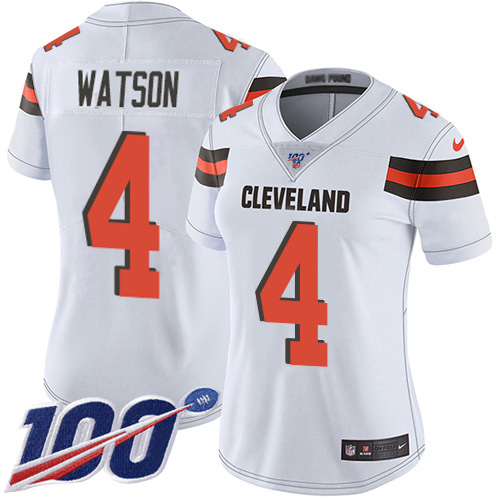 Browns #4 Deshaun Watson White Women's Stitched 100th Season Vapor Limited Jersey