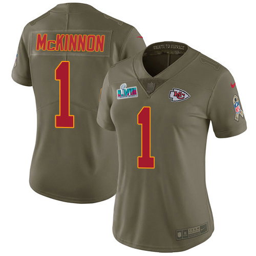 Chiefs #1 Jerick McKinnon Olive Super Bowl LVII Patch Women's Stitched Limited 2017 Salute To Service Jersey