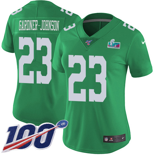 Eagles #23 C.J. Gardner-Johnson Green Super Bowl LVII Patch Women's Stitched Limited Rush 100th Season Jersey
