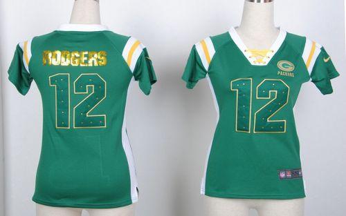 Packers #12 Aaron Rodgers Green Women's Stitched Elite Draft Him Shimmer Jersey