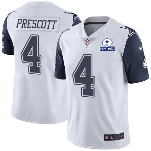 Cowboys #4 Dak Prescott White Men's Stitched With Established In 1960 Patch Limited Rush Jersey