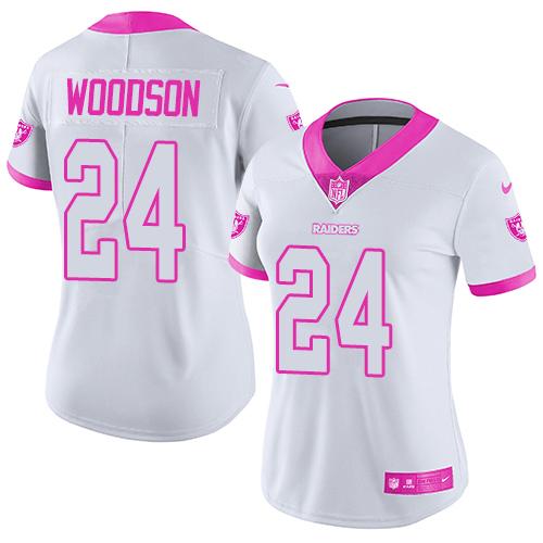 Raiders #24 Charles Woodson White/Pink Women's Stitched Limited Rush Fashion Jersey