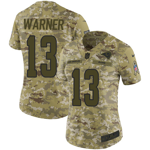 Los Angeles Rams #13 Kurt Warner Camo Women's Stitched Limited 2018 Salute to Service Jersey Womens