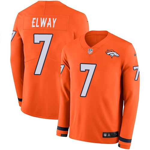 Broncos #7 John Elway Orange Team Color Men's Stitched Limited Therma Long Sleeve Jersey