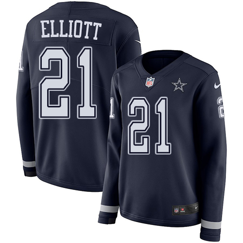 Cowboys #21 Ezekiel Elliott Navy Blue Team Color Women's Stitched Limited Therma Long Sleeve Jersey