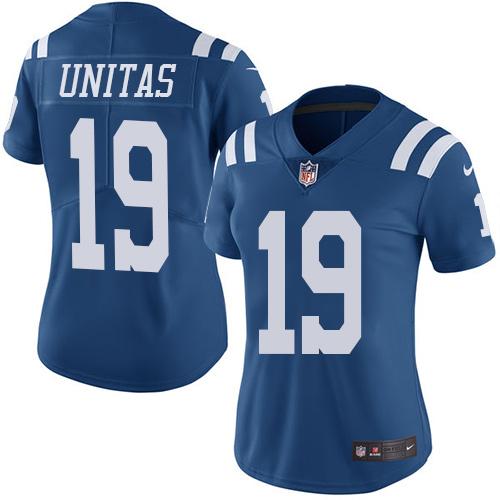 Indianapolis Colts #19 Johnny Unitas Royal Blue Women's Stitched Limited Rush Jersey Womens