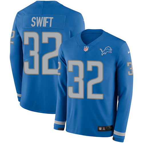 Detroit Lions #32 D'Andre Swift Blue Team Color Men's Stitched Limited Therma Long Sleeve Jersey Men's