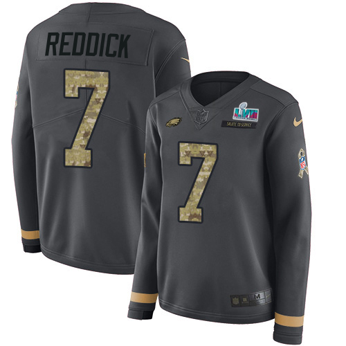 Eagles #7 Haason Reddick Anthracite Salute To Service Super Bowl LVII Patch Women's Stitched Limited Therma Long Sleeve Jersey