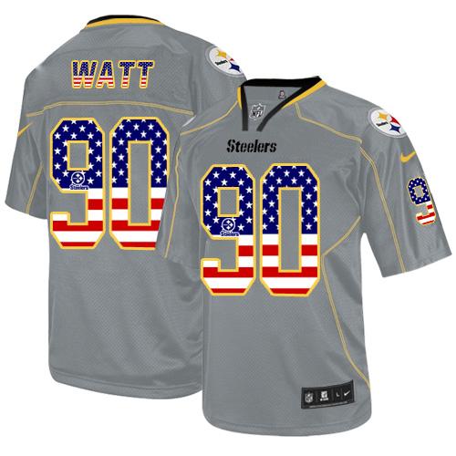 Steelers #90 T. J. Watt Grey Men's Stitched Elite USA Flag Fashion Jersey