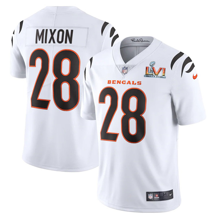 Cincinnati Bengals #28 Joe Mixon White Super Bowl LVI Patch Men's Vapor Limited Jersey