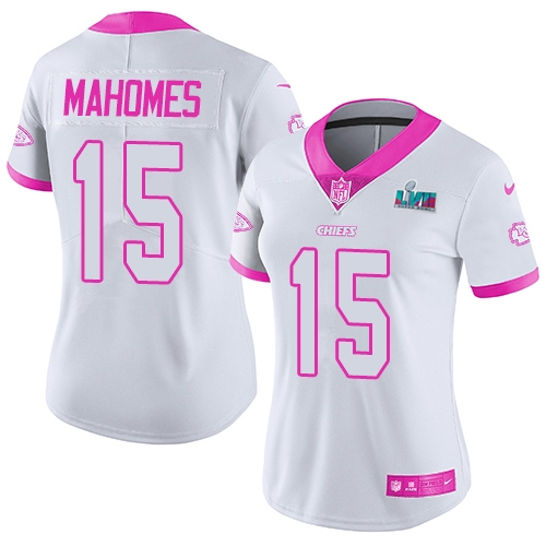Chiefs #15 Patrick Mahomes White/Pink Super Bowl LVII Patch Women's Stitched Limited Rush Fashion Jersey