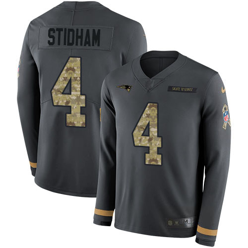 New England Patriots #4 Jarrett Stidham Anthracite Salute to Service Men's Stitched Limited Therma Long Sleeve Jersey Men's