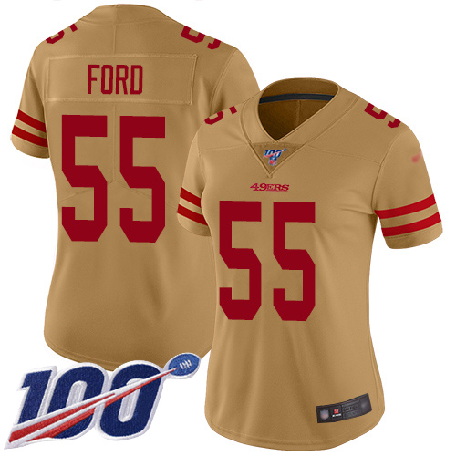 San Francisco 49ers #55 Dee Ford Gold Women's Stitched Limited Inverted Legend 100th Season Jersey Womens
