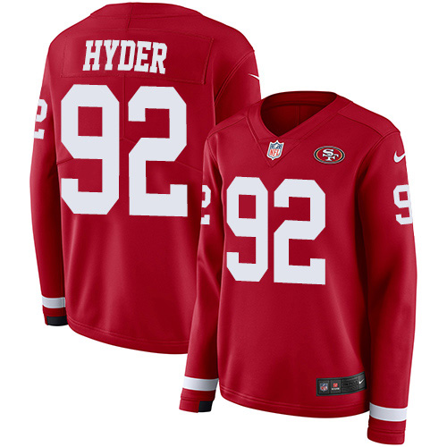 San Francisco 49ers #92 Kerry Hyder Red Team Color Women's Stitched Limited Therma Long Sleeve Jersey Womens