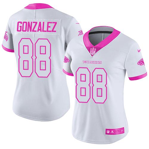 Atlanta Falcons #88 Tony Gonzalez White/Pink Women's Stitched Limited Rush Fashion Jersey Womens