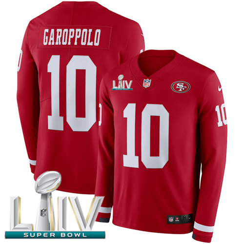 49ers #10 Jimmy Garoppolo Red Super Bowl LIV 2020 Team Color Men's Stitched Limited Therma Long Sleeve Jersey