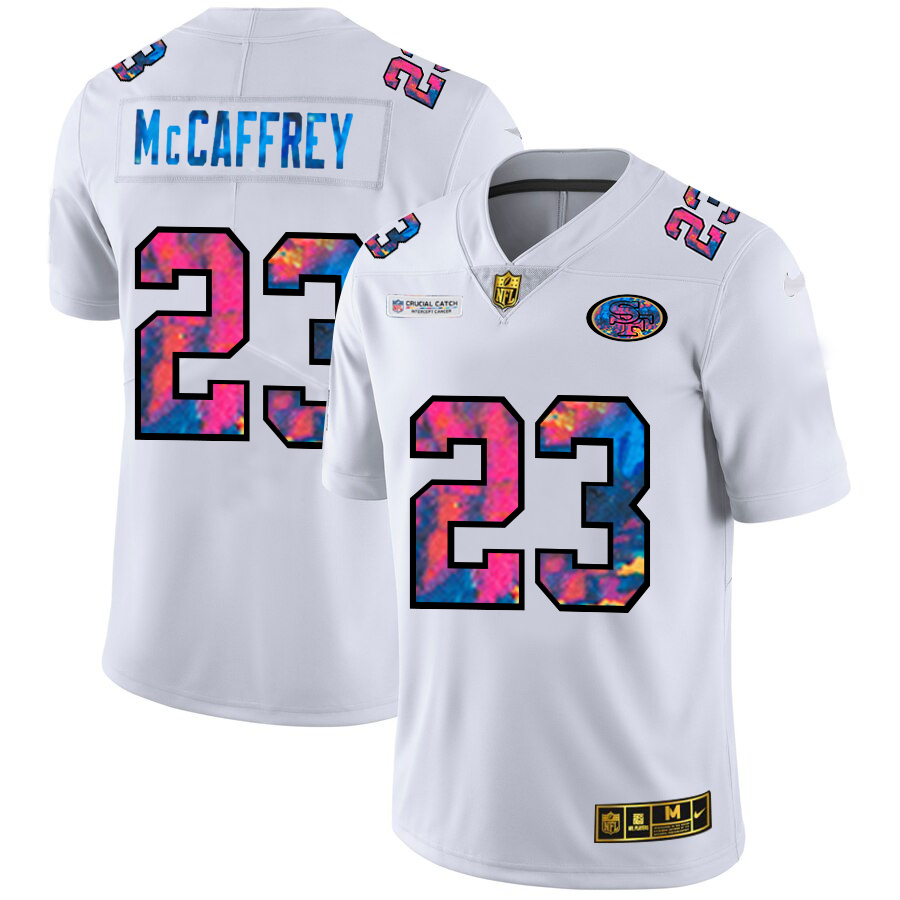 San Francisco 49ers #23 Christian McCaffrey Men's White Multi-Color 2020 Crucial Catch Limited Jersey