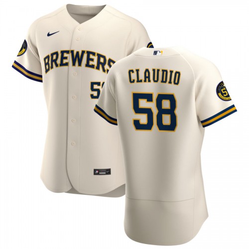 Milwaukee Milwaukee Brewers #58 Alex Claudio Men's Cream Home 2020 Authentic Player Jersey Men's