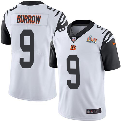 Bengals #9 Joe Burrow White Super Bowl LVI Patch Youth Stitched Limited Rush Jersey