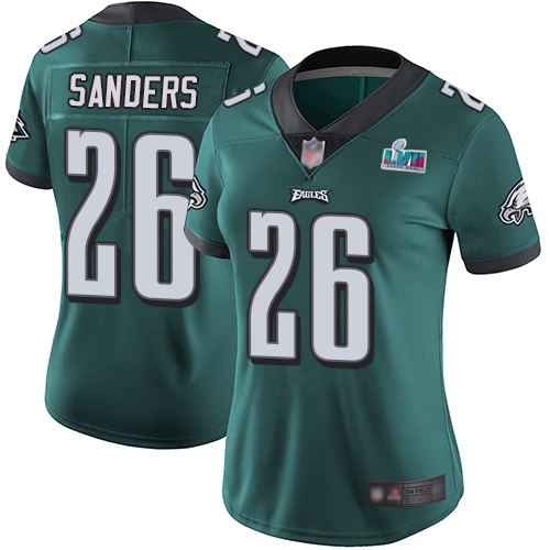 Eagles #26 Miles Sanders Green Team Color Super Bowl LVII Patch Women's Stitched Vapor Untouchable Limited Jersey